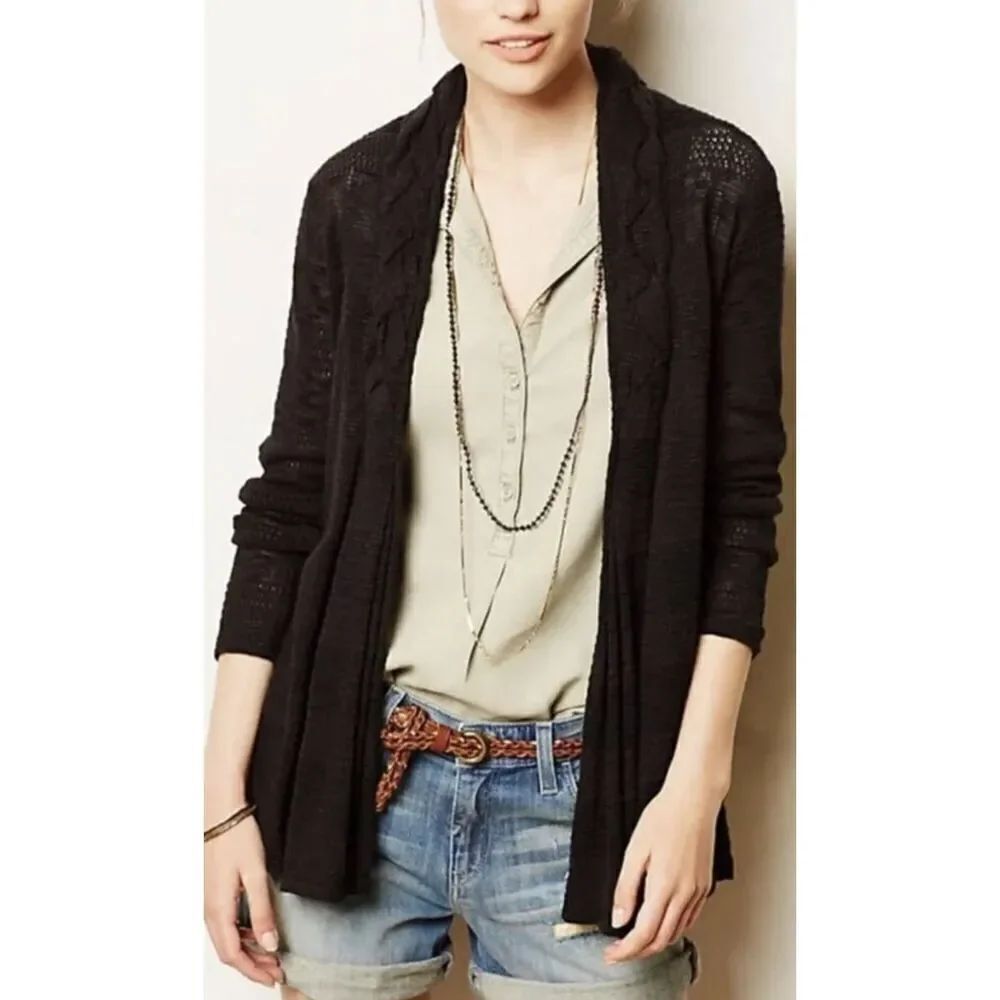 One September Black Fly Away Braided ANTHROPOLOGIE Open Cardigan SWEATER sz XS